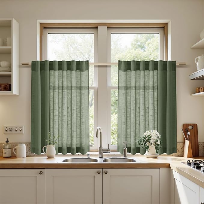 Olive Green Linen Curtains 30 Inch Length Short Kitchen, Semi Sheer Light - Image 7