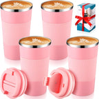 Sabary 4 Pack 16 oz Bulk Travel Coffee Mug with Lid Reusable Vacuum Insulated Coffee Tumbler Double Wall Thermal Stainless Steel Camping Tea Cup for Christmas Winter Drinks Employee Gift(Pink)