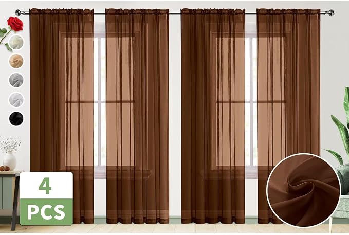 SpaceDresser Brown Sheer Curtains 4 Panels Rod Pocket Semi-Sheer Curtain 84 - Image 2