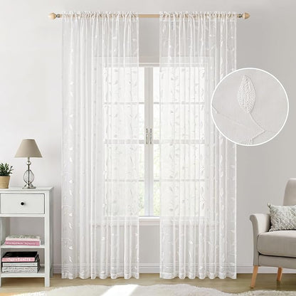 MIULEE White Sheer Curtains 2 Panels Embroidered Leaf Patterned, W52 x L96 | - Image 2