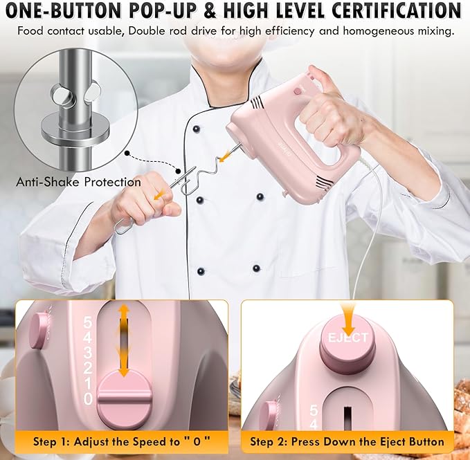 Electric Hand Mixer with Stainless Steel Whisk, Dough Hook Attachment and Storage Bag, Handheld Mixer for Baking Cakes, Eggs, Cream Food Mixers. Turbo Boost /5 Speed Kitchen Blender PINK