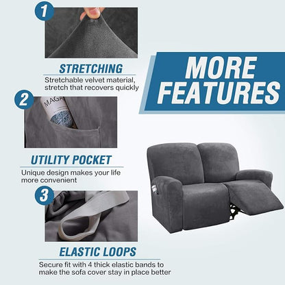 H.VERSAILTEX Velvet Stretch Recliner Couch Covers 6-Pieces Recliner Loveseat - Image 4