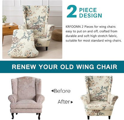 KRFOONN Velvet Wing Chair Slipcovers 2 Piece Stretch Printed Wingback Chair - Image 4