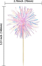 Gyufise 30Pcs Foil Firework Cupcake Toppers Sparkle Tinsel Cake Toppers Tinsel Drink Cake Decoration Cocktail Picks for Birthday Wedding Graduation Party Supplies Laser Pink