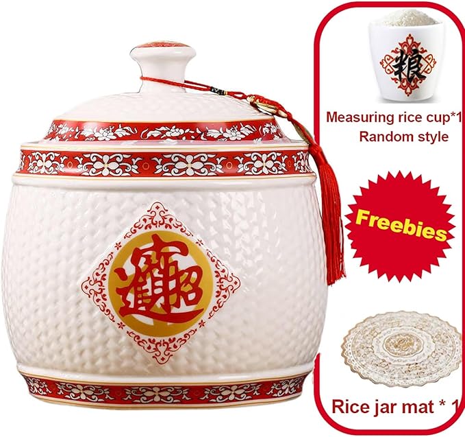 Chinese Sealed Large-Capacity Rice Pot, Ceramic Rice Bucket With Tassel Design, Grain Storage Ceramic Container, Rice Dispenser Airtight Storage Bucket For Grains Snacks Candy Coffee Beans Food(B,Capa