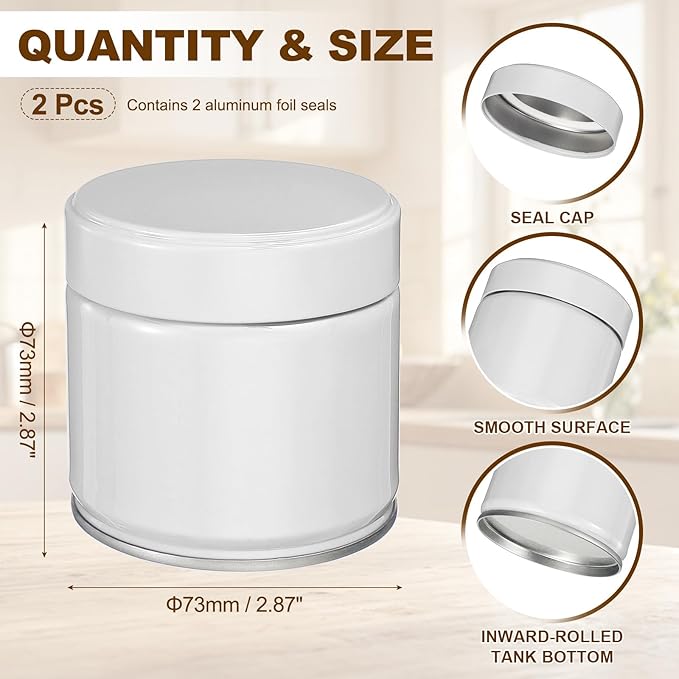 uxcell 2Pcs Round Tea Canisters, 3" x 3" Airtight Metal Tea Containers for Loose Tea, Coffee Beans, Spices - Durable, Compact, and Stylish Storage Tea Tin (White)