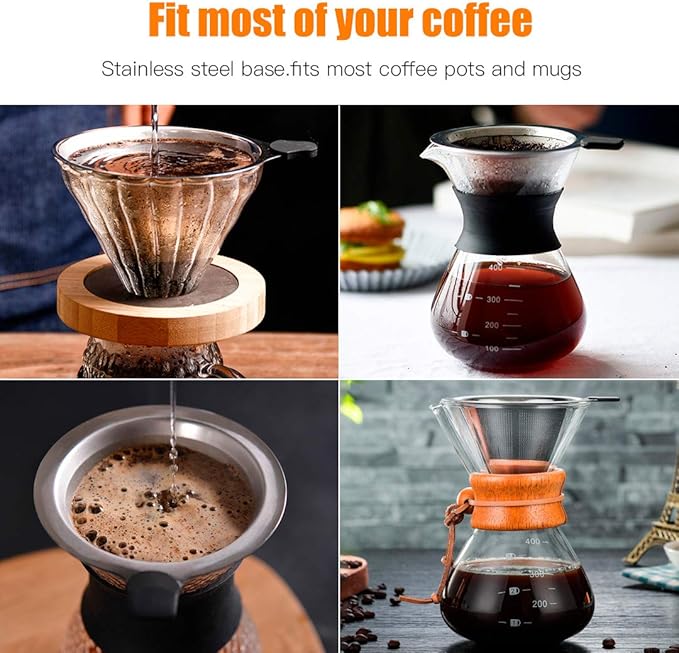 Pour Over Coffee Filter 2PCS, Stainless Steel Coffee Filter, Paperless Reusable Cone Coffee Dripper