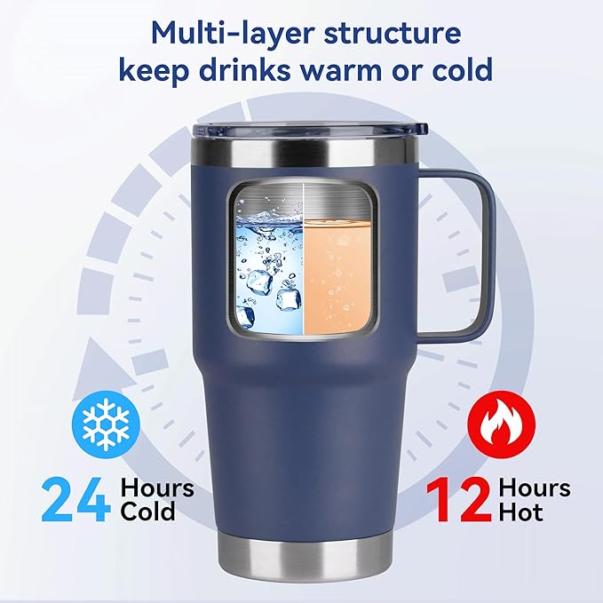 HASLE OUTFITTERS 20oz Tumbler with Lid, Stainless Steel Tumbler with Handle, Metal Insulated Travel Coffee Mug with Handle, Double Wall Vacuum Spill Proof Tumbler Cup, Navy 1 Pack