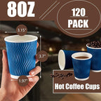 Lamosi 120 Pack 8 oz Disposable Coffee Cups, Insulated Corrugated Paper Cups, Kraft Ripple Wall Cups for Hot Beverage or Cold Drinks Office/Home/Party/Travel/Cafe (Navy)