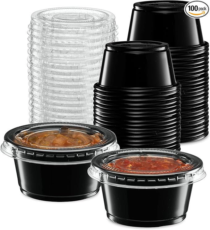 (2 oz - 100 Sets) Black Diposable Plastic Portion Cups With Lids, Small Mini Containers For Portion Controll, Jello Shots, Meal Prep, Sauce Cups, Slime, Condiments, Medicine, Dressings, Crafts