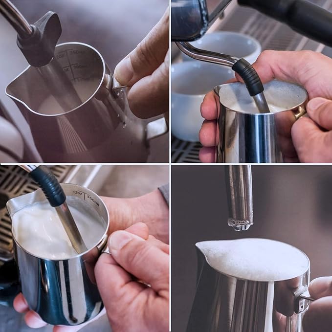 SIKEMAY Milk Frothing Pitcher Cup, 12oz/350ML Milk Frother Cup Stainless Steel Steaming Pitcher Milk Jug Coffee Latte Art Cappuccino Espresso Machine Accessories for Barista Steam Pitchers Tools