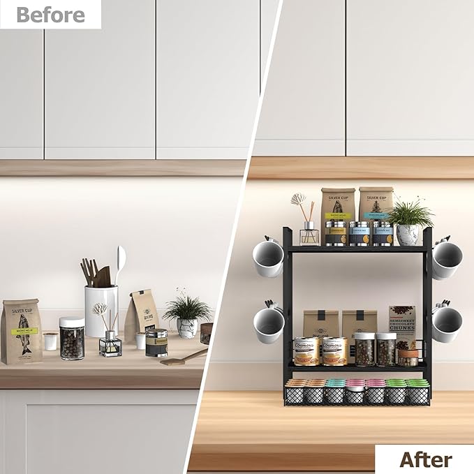 Coffee Bar Organizer, 3 Tier Station for Countertop, Mug Cup Holder Stand With 28 K Cup Storage and 12 Hooks for Kitchen, Home & Office, Black