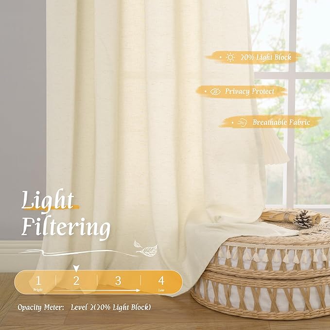 Light Beige Linen Textured Curtains 63 inch Length - Image 4
