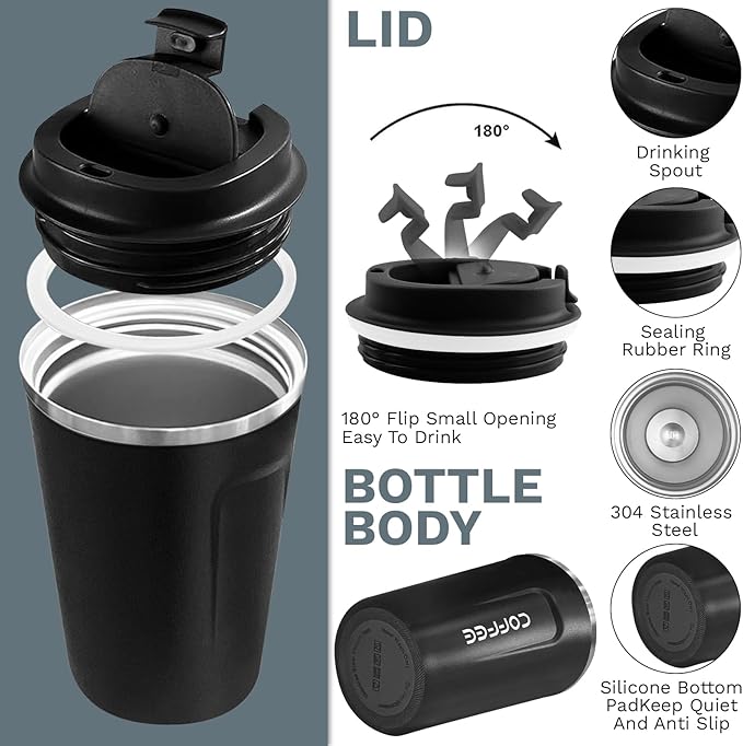 YINBAOGE Insulated Travel Coffee Mug Spill Proof Leak Proof Pobtable To Go Camping Stainless Steel Coffee Tumbler Reusable Coffee Cups with Lids Thermos for Hot and Cold Drink (2nd-Black, 17 OZ)