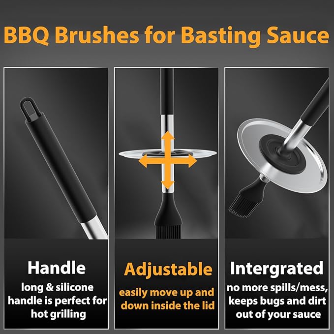 Geesta Adjustable Sauce Pot and Basting Brush Set, Long Stainless Steel Basting Brush for Cooking, Smoking, Fathers Day Grilling Gifts for Men Smoker Accessories, Large Capacity Grilling Tools, 2 Pack