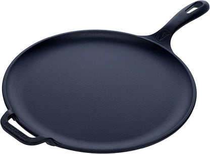 Victoria 12-Inch Cast Iron Comal Pizza Pan with a Long Handle and a Loop Handle, Preseasoned with Flaxseed Oil, Made in Colombia