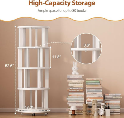 Muwuele Solid Wood Rotating Bookshelf on Wheels, 4 Tier, Round Revolving - Image 2