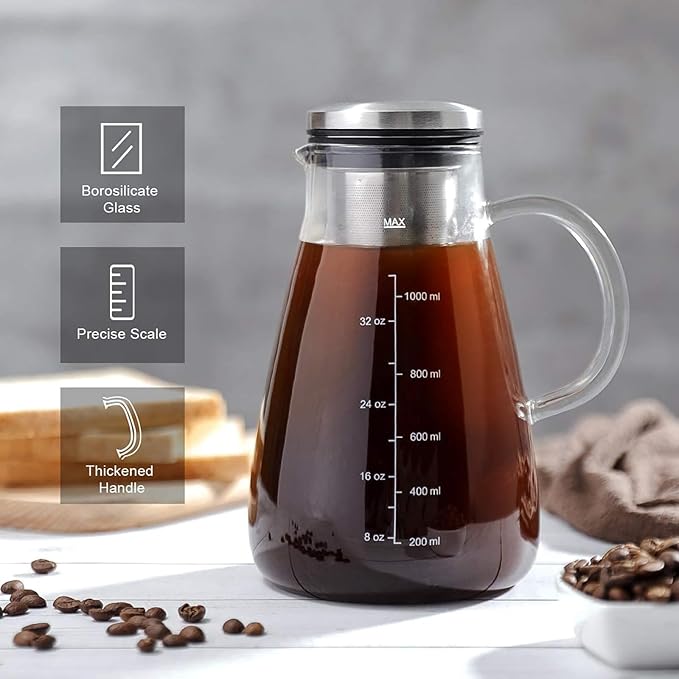 Cold Brew Iced Coffee Maker 34oz, Brewed Coffee Pot with Removable Double Mesh 304 Stainless Steel Filter, BPA-Free Cold Brew Pitcher Glass Container, Tea Maker