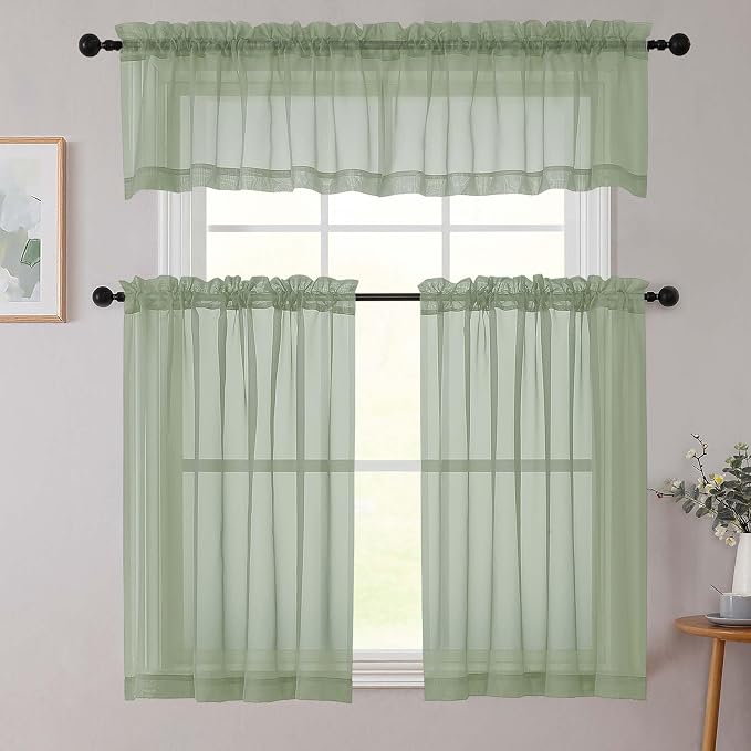 Sage Green Valances for Windows, Sheer Curtains 14 Inch Length 2 Pack Kitchen - Image 8