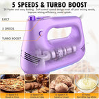 Electric Hand Mixer with Stainless Steel Whisk, Dough Hook Attachment and Storage Bag, Handheld Mixer for Baking Cakes, Eggs, Cream Food Mixers. Turbo Boost /5 Speed Kitchen Blender PURPLE