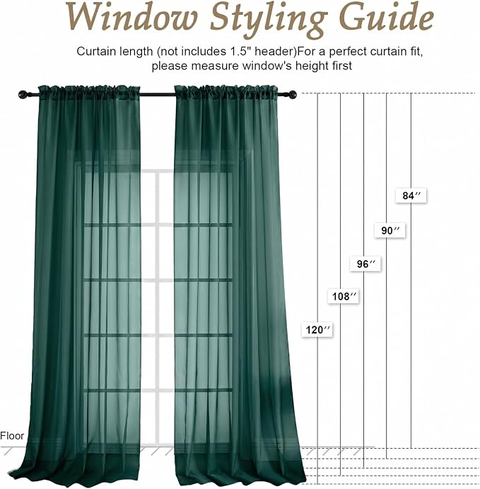 Hunter Green Sheer Curtains 84 Inches Long 2 Panels Set, Light Filtering Sheer - Image 2