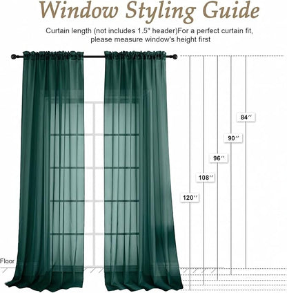 Hunter Green Sheer Curtains 84 Inches Long 2 Panels Set, Light Filtering Sheer - Image 2