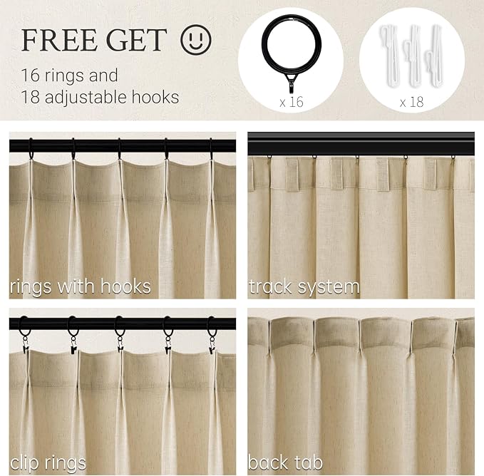 Topfinel Natural Beige Pinch Pleated Semi Sheer Curtains Textured Linen Blended - Image 2