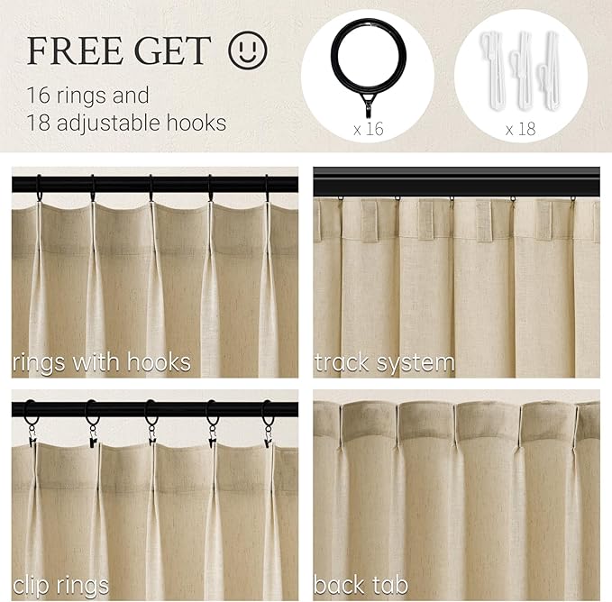 Topfinel 84 Inches Long Pinch Pleated Semi Sheer Curtains, Natural Linen - Image 3