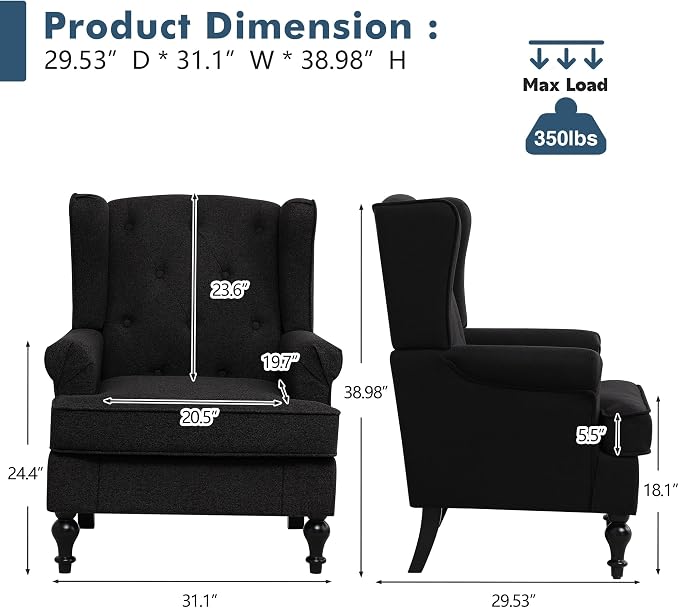 Accent Chair Set of 2, Mid Century Modern Fabric Wingback Chair, Upholstered - Image 2