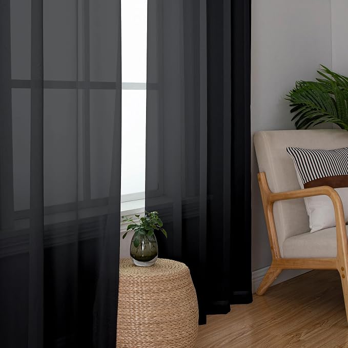 Chyhomenyc Sheer Black Curtains 90 inches Long 2 Panels, Light Filtering Soft - Image 4