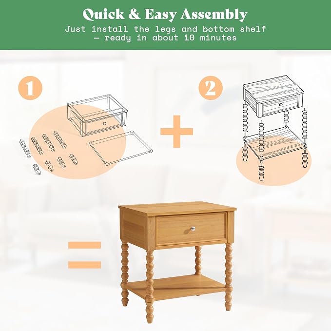 AMERLIFE 24" Wood Nightstand, Vintage Bedside Table - Image 3