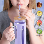 Kodrine Tumbler with Lid and Straw, 20 oz Glass Coffee Tumbler with Handle, Smoothie Cup with Bamboo Lid | Time Marker | Silicone Protective Sleeve, BPA Free - Purple