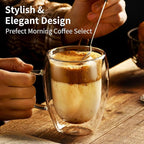 12OZ Double Wall Glass Cups With Handle, Large Glass Mugs Espresso Cups Set of 2, 330ML Clear Coffee Cup, Double Wall Insulated Mugs, Microwave Dishwasher Safe