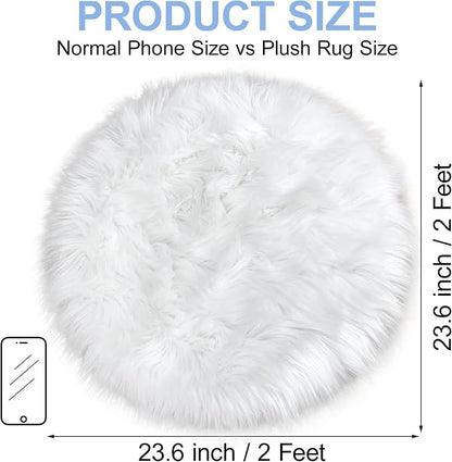 White Faux Fur Rug 2x2 Feet Small Round Fluffy Rug, Faux Sheepskin Circle Shag - Image 2