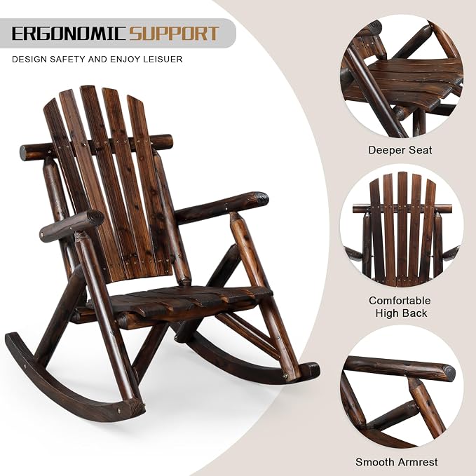 Outvita Wooden Rocking Chair Set of 2, Fir Log Adirondack Rocker, Outdoor Wood - Image 4