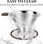 Reusable Paperless Coffee Filter V60,Coffee Dripper,Professional Stainless Steel Drip Cone Brew Coffee Strainer,Double Micro Mesh Filter,Coffee Filter Mug,Silicone Handle & Non-Slip Silicone Base (S)