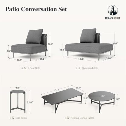 HERA'S HOUSE Metal Patio Furniture Set, Modular 10 Seats, 1 Nesting Coffee - Image 9
