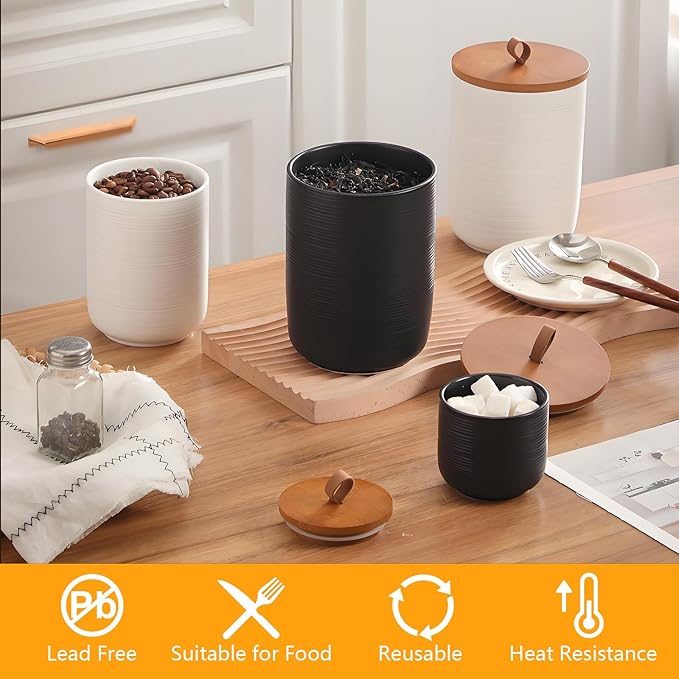 Food Storage Jar Strong Ceramic Storage Canisters with Airtight Wooden Lid,Kitchen Storage Containers for Serving Coffee Beans, Tea, Sugar, Salt, Spices (Medium black)