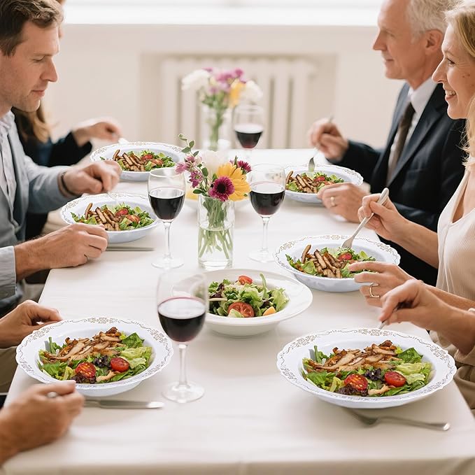 DaYammi 30 Pack Plastic Bowls with Gold Rim, 12oz Disposable Soup Bowls, Heavy Duty Dinner Bowls for Weddings, Parties, Dinners, Catering and Everyday Use