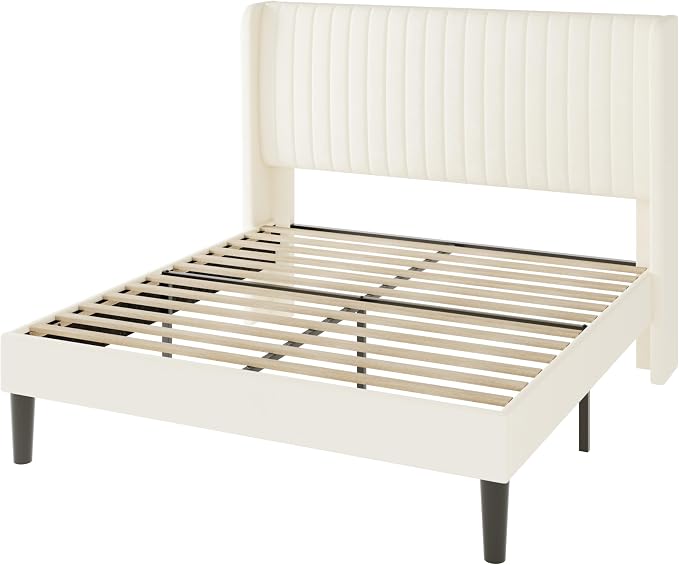 Allewie Queen Size Velvet Bed Frame/Vertical Channel Tufted Wingback - Image 9