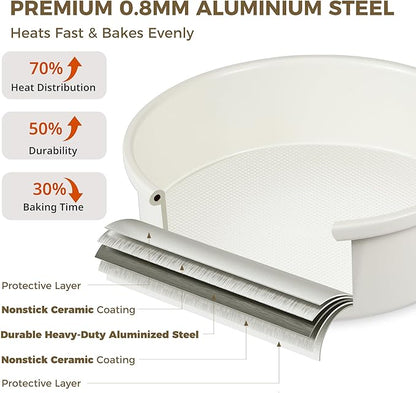 HONGBAKE 9 Inch Round Cake Pan Set of 2, Nonstick Ceramic Coating Cake Molds with Diamond Texture, 0.8 mm Aluminized Steel Cake Pans Sets for Baking & Cheesecake, Heavy Duty & Non-Toxic (Cream, 2PCS)