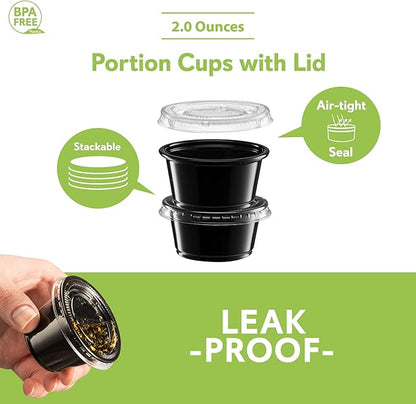 (2 oz - 100 Sets) Black Diposable Plastic Portion Cups With Lids, Small Mini Containers For Portion Controll, Jello Shots, Meal Prep, Sauce Cups, Slime, Condiments, Medicine, Dressings, Crafts