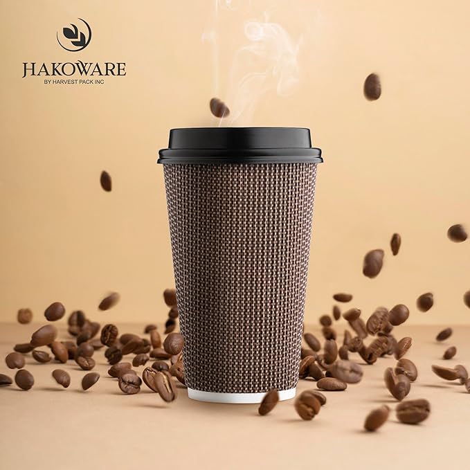 [340 SET]Harvest Pack 16 oz Disposable Coffee Cups, Insulated Ripple Double-Walled Paper Cups with Lids, Brown Geometric, Bulk Drinking Cups for Tea Hot Chocolate Drinks To go coffee cups