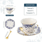 TATSUMI Country Roses Bone China Tea Cup and Saucer Set, 3 Pieces, Vintage Style, For Women and Tea Parties（sky blue，1 set）