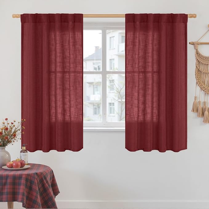 Burgundy Red Linen Curtains 45 Inch Length by LAMIT