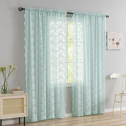 YJ YANJUN Vintage Lace Curtains 84 Inches Long-Victorian Floral Pattern Aqua - Image 2