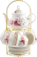 20-Pieces Porcelain Bone china Tea Sets,Gold Rim Coffee Set with Golden Metal Rack,Tea Gift Sets for Home&Party(003)