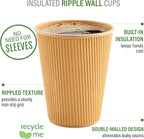Restaurantware 8 Ounce Double Wall Disposable Coffee Cups, 25 Insulated Kraft Paper Tumblers Ripple Wall Design, Lids Available and Sold Separately, for Hot Drinks like Tea, Hot Chocolate