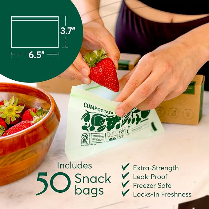 Cleanomic Compostable* Snack Size Food Storage Bags (50 Eco Zip) Freezer and Leak Proof, Also Available Gallon, Quart and Sandwich Size Bags