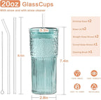 GOSCHE Glass Coffee Cups with Lids and Straws 20oz, High Borosilicate Drinking Jar Water Cups, Glass Tumbler for Tea Coffee Milkshake, Green, 2 Pcs